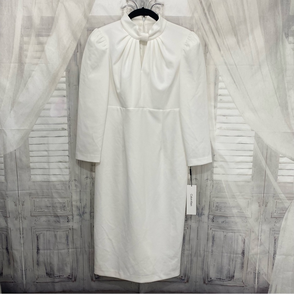 Calvin Klein White Cream Mock Neck Keyhole neck Sheath Solid Dress Size 6 NWT